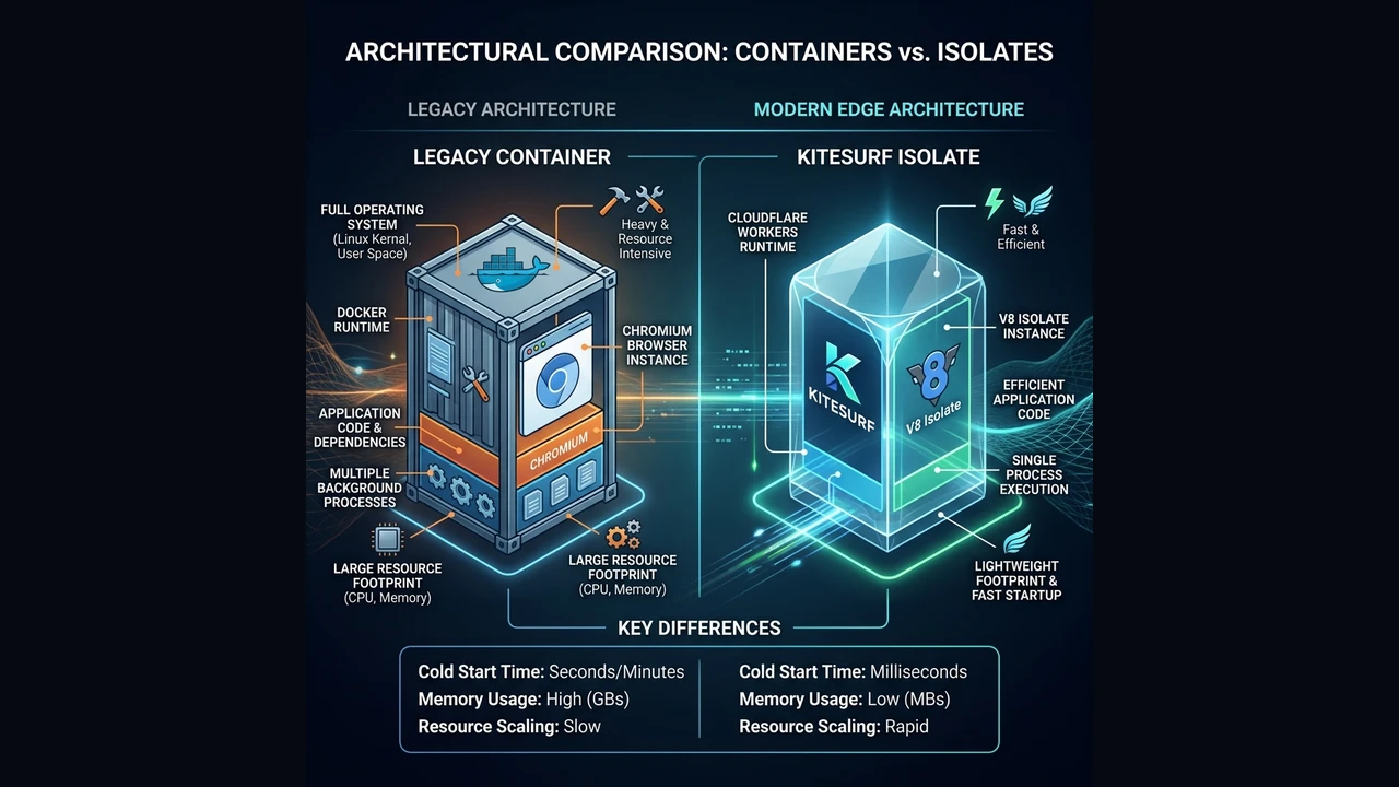 Architectural comparison between legacy containerized Chromium and V8 isolate Kitesurf