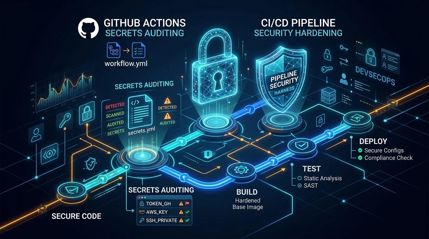 GitHub Actions secrets auditing and CI/CD pipeline security architecture