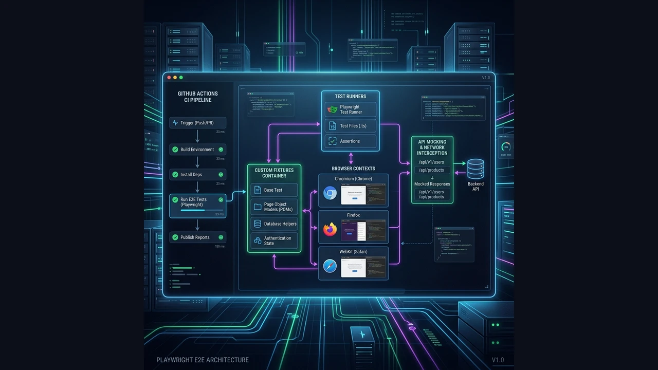 Conceptual architecture diagram for enterprise Playwright and TypeScript E2E testing