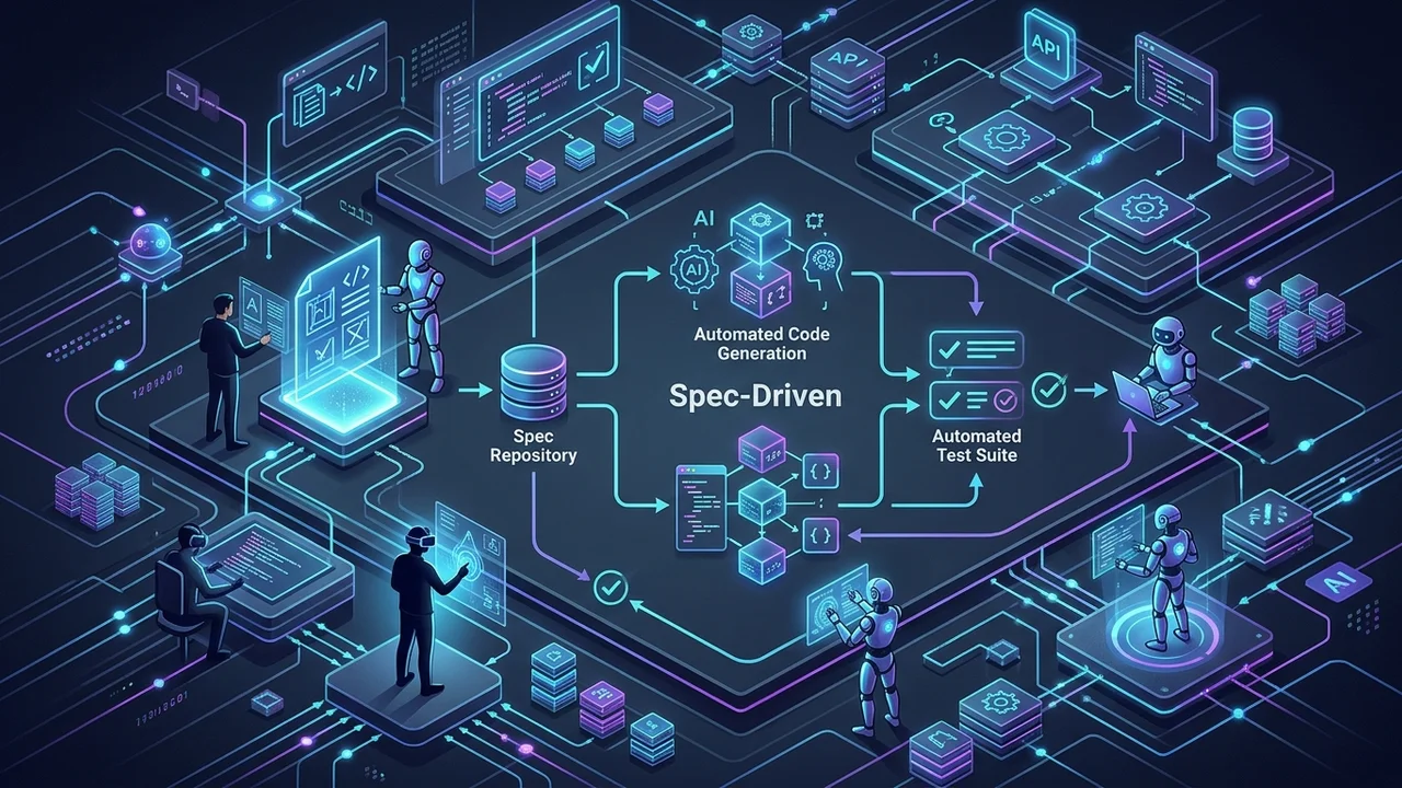 Spec-Driven Development architectural blueprint showing AI agents and human engineers collaborating through structured specifications